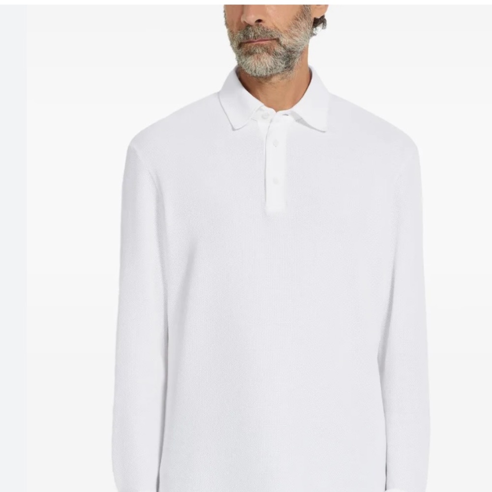 Zegna Sport Long Sleeve Cotton Polo Top in White with grey details size M